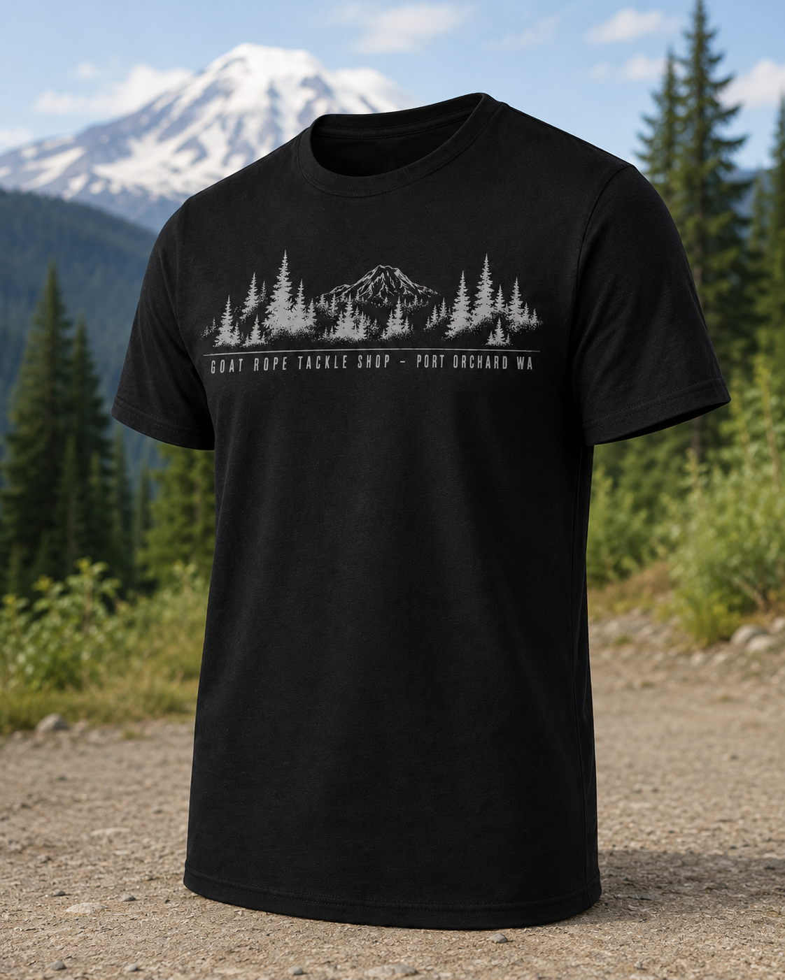 A black short-sleeve crewneck t-shirt featuring a white graphic print of a mountain, pine trees, and the text 'GOAT ROPE TACKLE SHOP - PORT ORCHARD WA' across the chest., displayed against a blurred outdoor background of a forest and a snow-capped mountain.