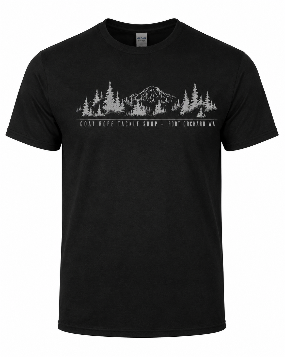 A black short-sleeve crewneck t-shirt featuring a white graphic print of a mountain, pine trees, and the text 'GOAT ROPE TACKLE SHOP - PORT ORCHARD WA' across the chest.