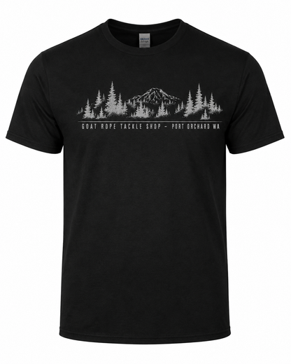 A black short-sleeve crewneck t-shirt featuring a white graphic print of a mountain, pine trees, and the text 'GOAT ROPE TACKLE SHOP - PORT ORCHARD WA' across the chest.