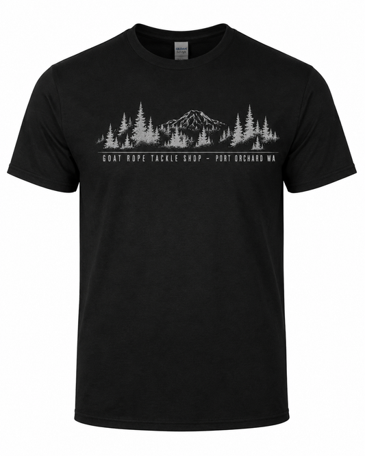 A black short-sleeve crewneck t-shirt featuring a white graphic print of a mountain, pine trees, and the text 'GOAT ROPE TACKLE SHOP - PORT ORCHARD WA' across the chest.