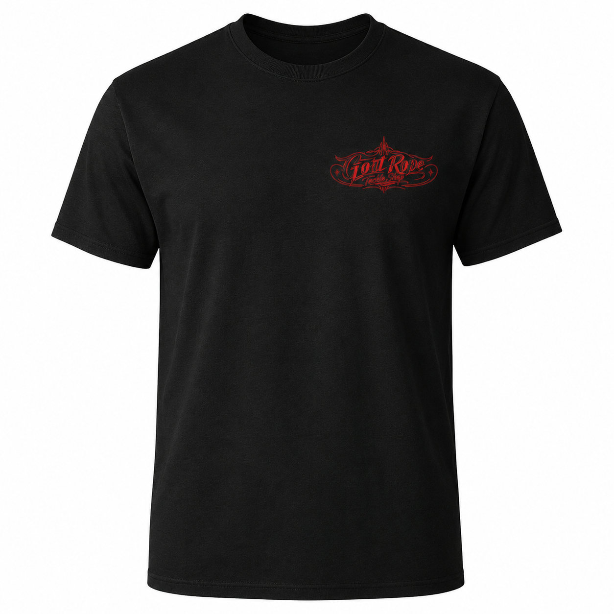 A black short-sleeve crewneck t-shirt with a small red 'Goat Rope' graphic printed on the left chest, displayed on a clean white background.