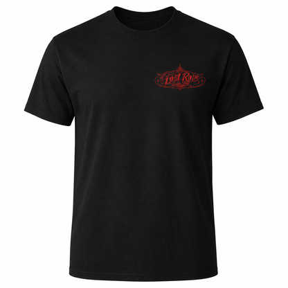 A black short-sleeve crewneck t-shirt with a small red 'Goat Rope' graphic printed on the left chest, displayed on a clean white background.