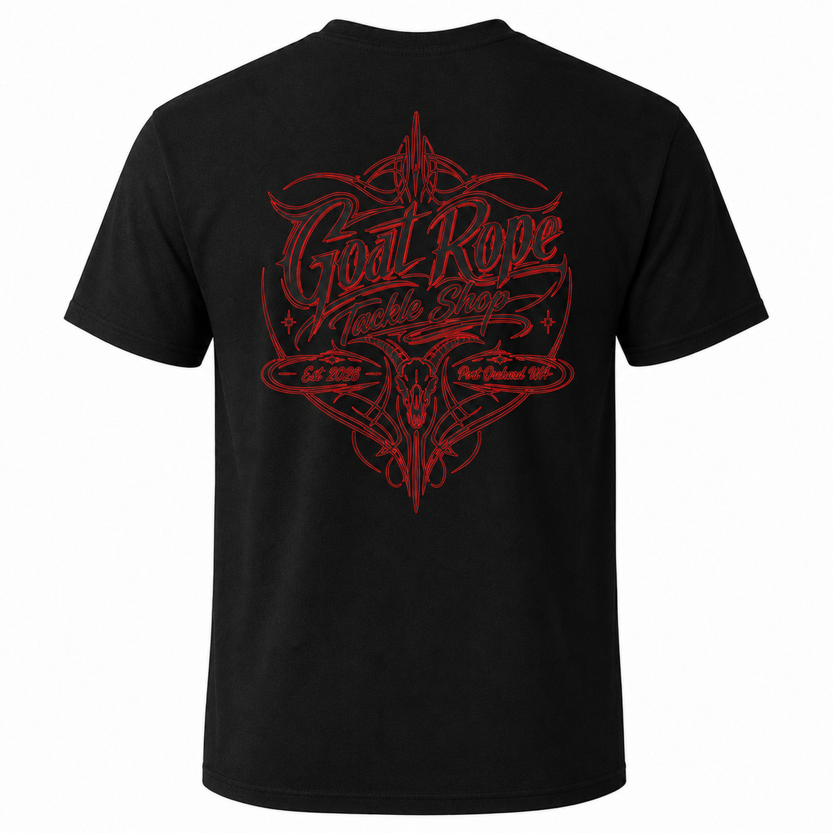 A black short-sleeve t-shirt shown from the back, featuring a large red graphic print with the words 'Goat Rope Tackle Shop' and 'Est. 2026' in a stylized design.