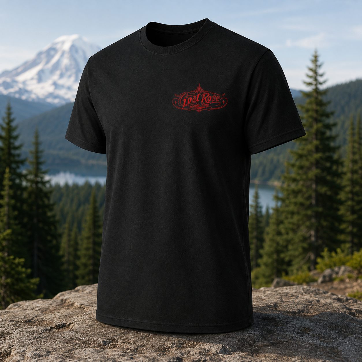 A black short-sleeve t-shirt with a red 'Goat Rope' graphic on the left chest, displayed on a rock with a mountain and forest background.