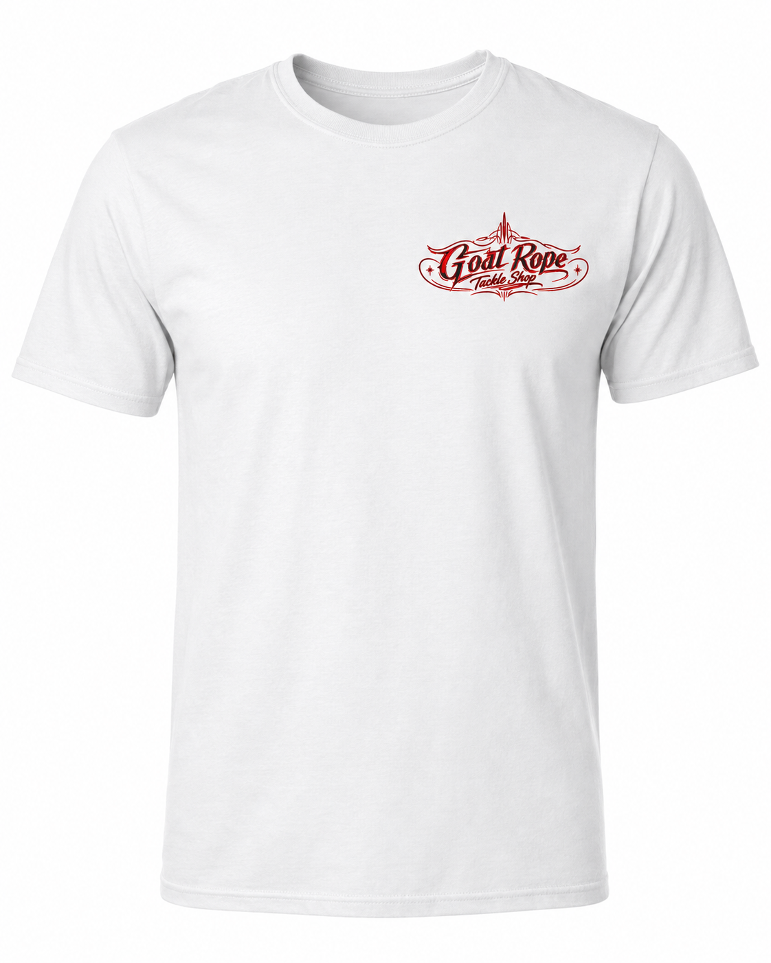 A white short-sleeve crewneck t-shirt with a red 'Goat Rope' graphic printed on the left chest, displayed on a clean white background.