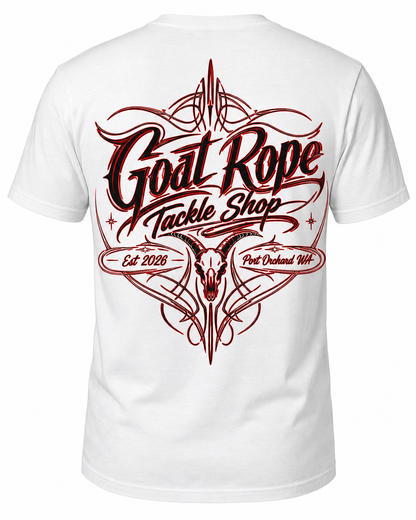 White short-sleeve t-shirt shown from the back, featuring a large red graphic print with the text 'Goat Rope Tackle Shop' and a stylized goat skull design.