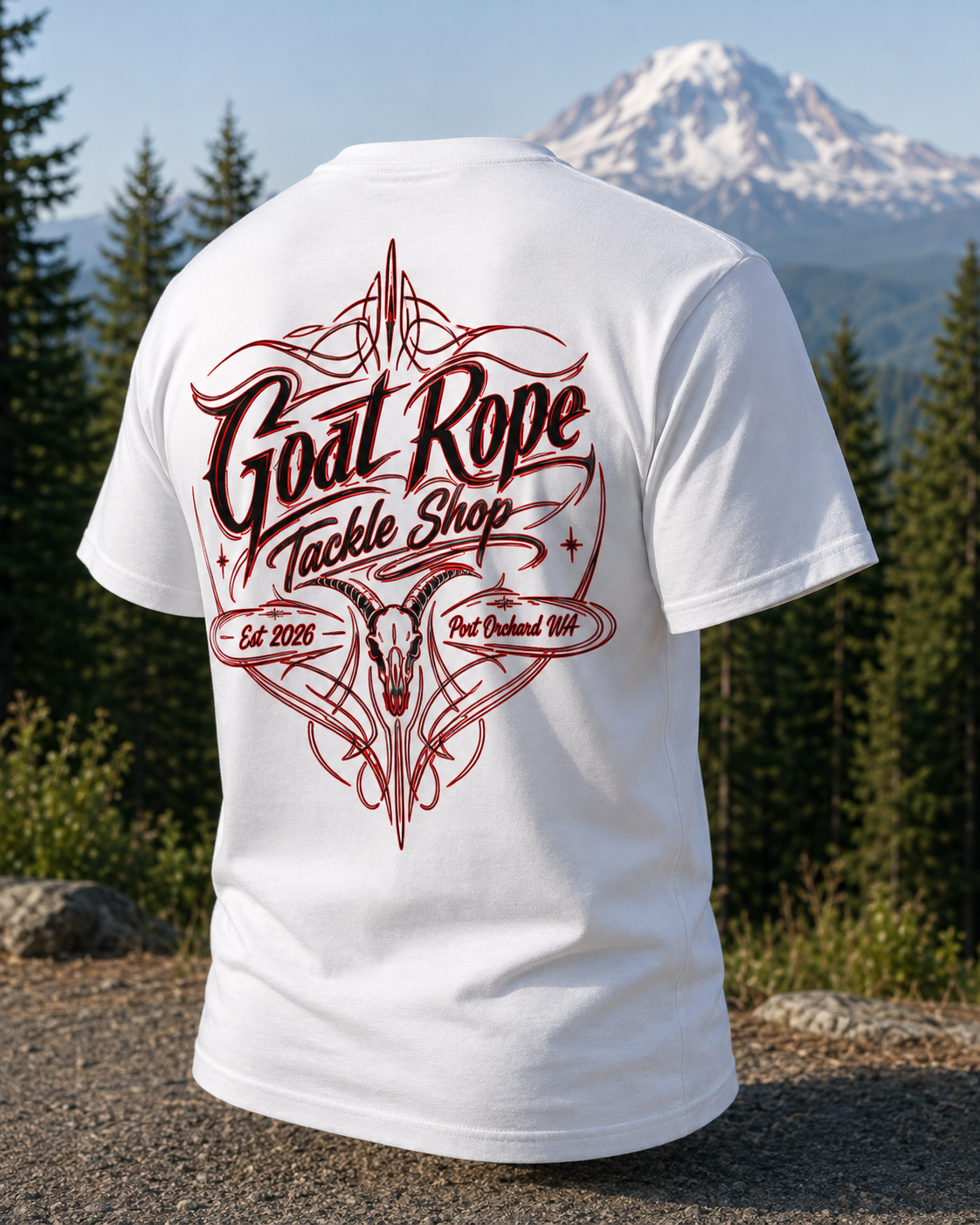 A white short-sleeve T-shirt shown from the back, featuring a large red and black graphic that reads "Goat Rope Tackle Shop" with a stylized goat head illustration. The shirt is photographed outdoors against a forest and mountain background.